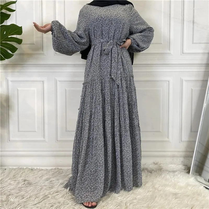 Ethnic Clothing Classic Floral Hem Tie Up Muslim Women's Middle Eastern Fashion Drawstring Dress Robe Femme Musulmane