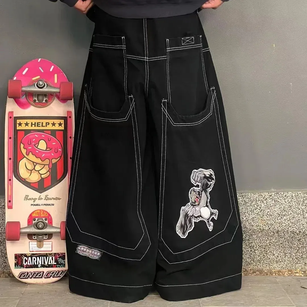 JNCO Übergroße Tasche Retro Cargo Jeans Street Punk Jeans Y2K Herren Hip Hop Breites Bein Bodenlange Denim Hose Streetwear 231229