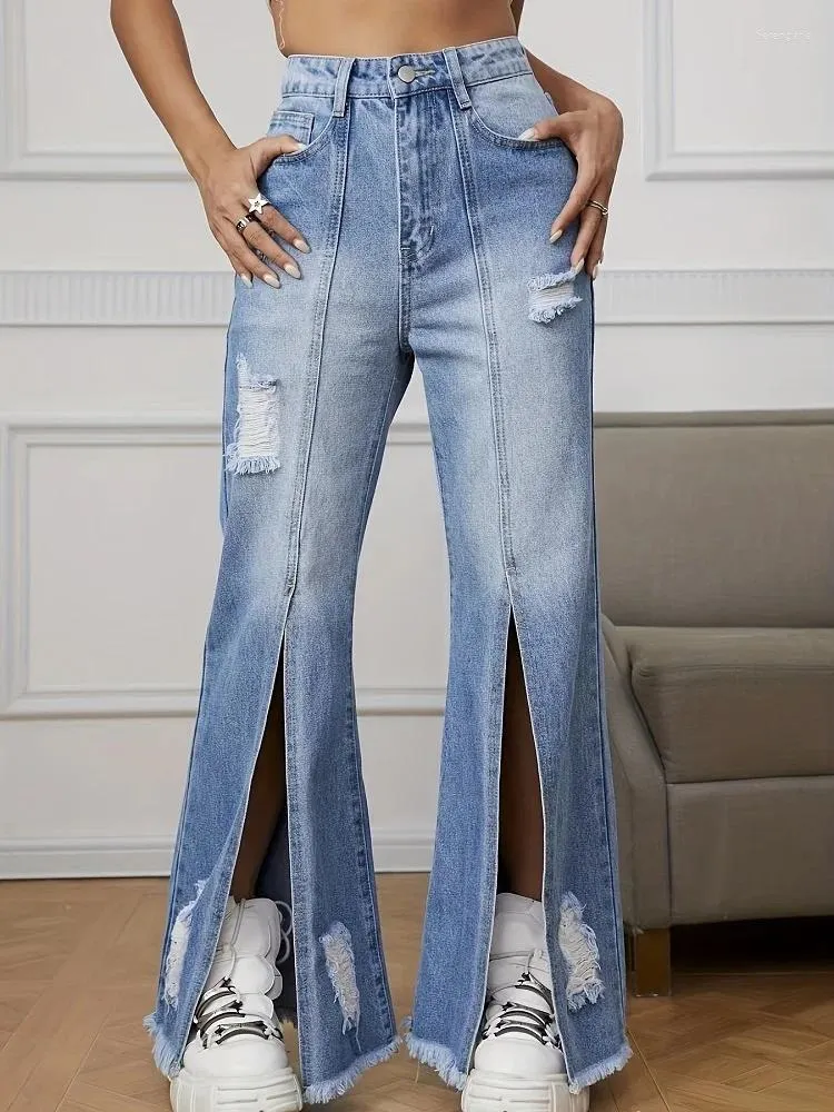 Женские джинсы DenimColab 2024, модные широкие брюки с высоким разрезом, женские свободные рваные женские уличные брюки с рваными брюками с бахромой