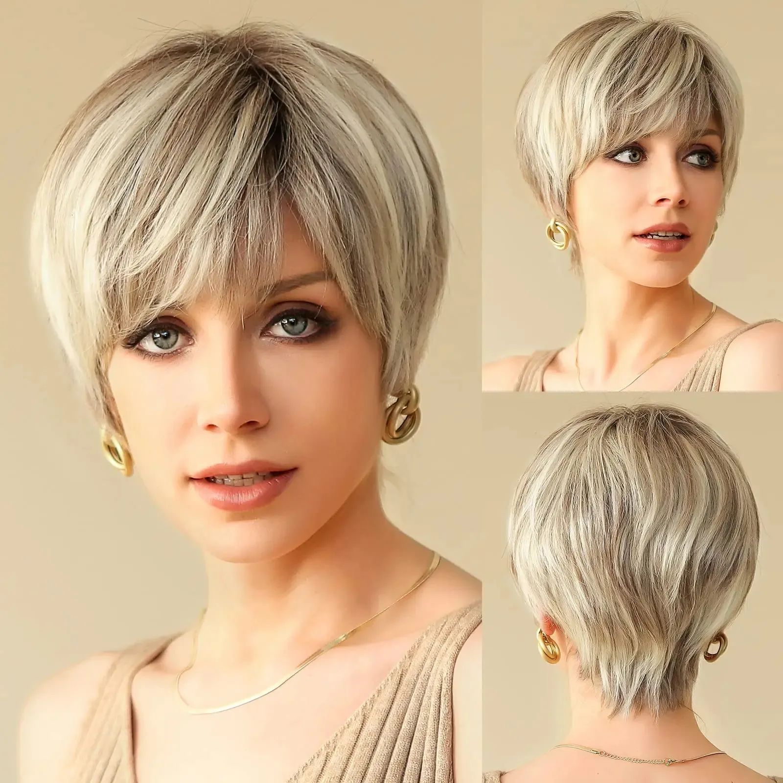 Short Pixie Cut Human Hair Wig with Bang Glueless HD Lace Front Wigs for Women Mixed Blonde Brown Remy Hair Highlight Wig 231229