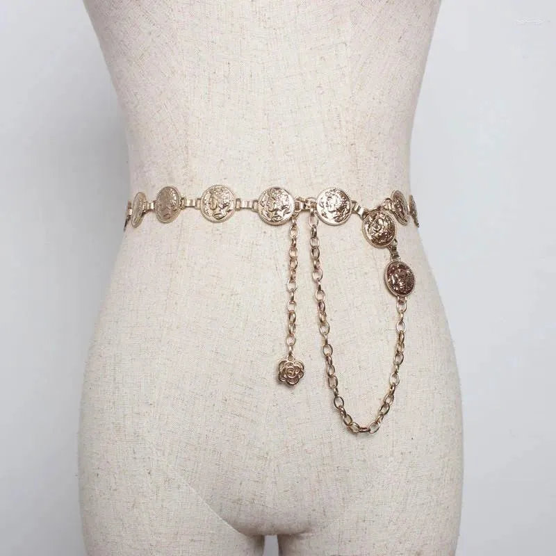 Riemen Vrouw Riem Mode Antiek Goud Rond Portret Munt Gesneden Metalen Tailleketting Accessorize Met Een Jeansjurk Ontwerper Dun