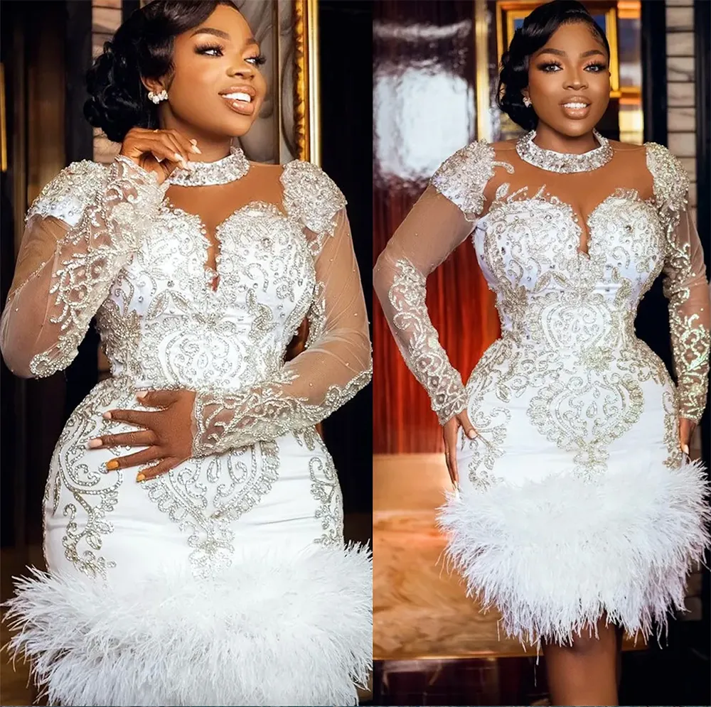 Plus taille 2024 arabe aso ebi sirène luxueuse courte robe de mariée cristaux de perles de plumes