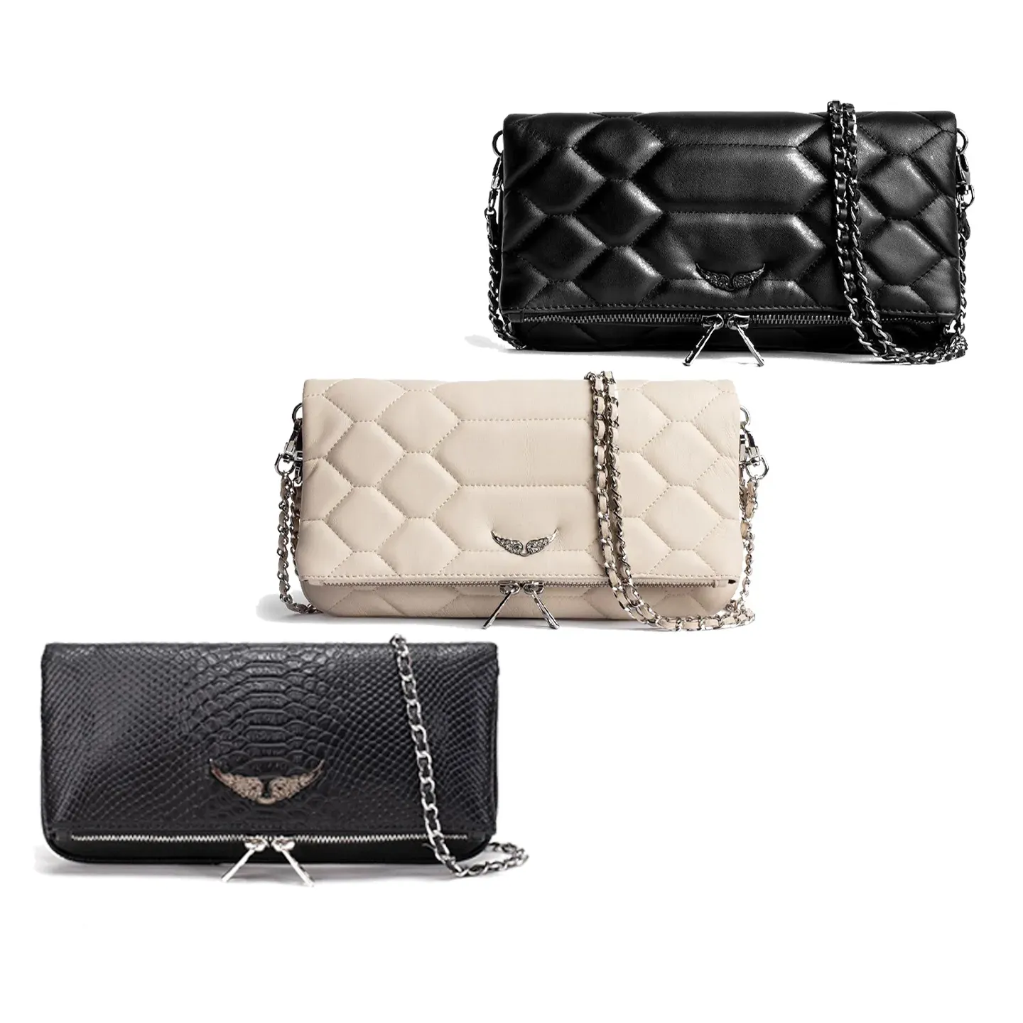 Borsa di lusso Rock Wings Voltaire da donna con patta baguette con diamanti Borse a tracolla a tracolla Borsa in pelle di qualità Borsa con pochette a catena in argento firmata