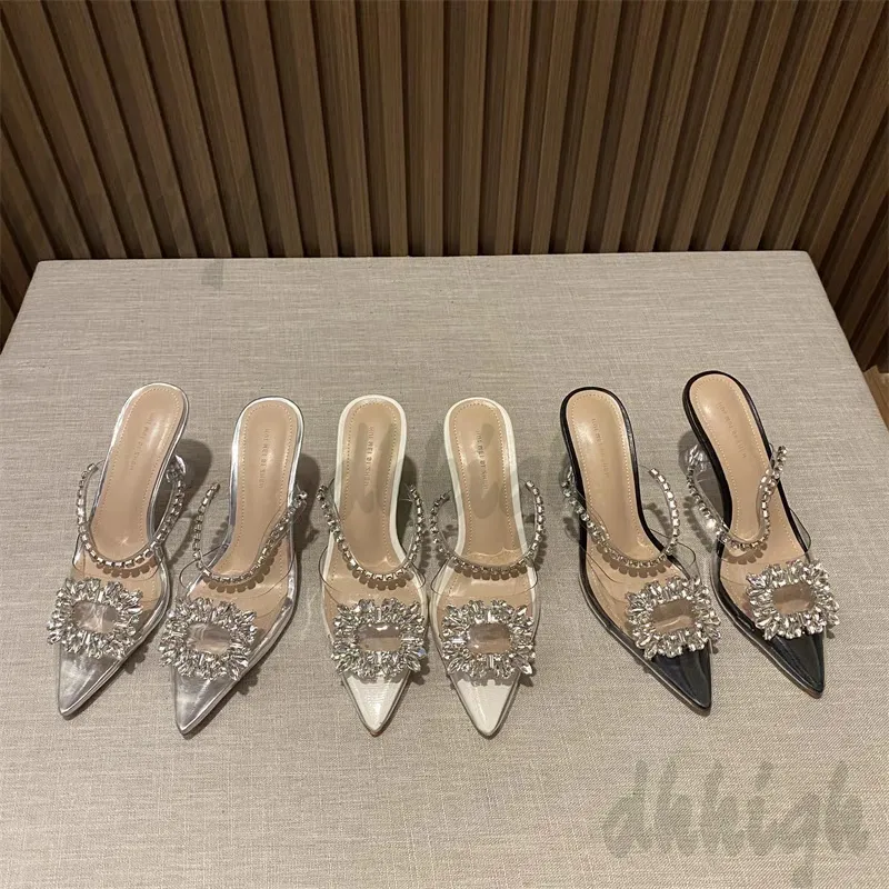 Baotou Halve Slippers Dames Zomer Uitloper Fairy Wind Cool Slippers Mode Water Diamant Gesp Transparant Kristal Hoge Hakken Dunne Hoge Hakken Dames