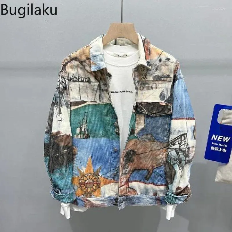 Men's Jackets Mens Corduroy Jacket In American Retro Oil Painting Printed Tops Casual Long Sleeve Lapel Male Clothes Art Student Coats