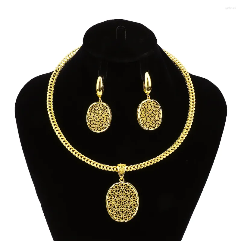 Necklace Earrings Set Dubai Gold Color Plated Hollow Design Oval Round Pendant Charm Jewelry Women's Wedding Party Gift