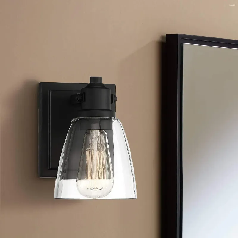 Lampada da parete Sconce industriale rustica Illuminazione nera cablata 7 1/2 "Fissaggio alto curvo in vetro trasparente per camera da letto Bagno Comodino Livi Toi