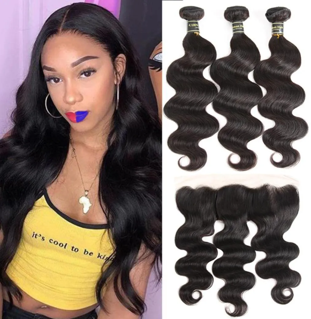 9a Extensions de cheveux vierges malaisiens non transformés vague de corps cheveux humains 3 faisceaux avec 13x4 dentelle frontale supérieure Remy trames de cheveux humains wi7395969