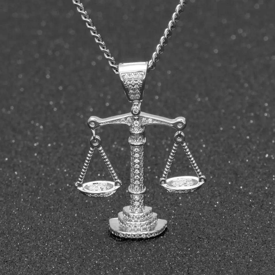 Iced Out Zircon Balance Libra Scale Pendant Bling Charm White Gold Copper Material Hip hop Pendant Necklace Chain274S