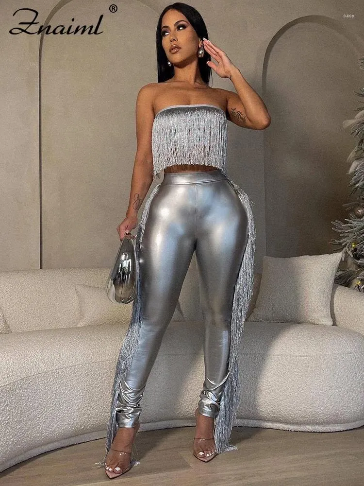 Pantaloni a due pezzi da donna Znaiml Nappe metalliche Matita e top corto senza spalline Set coordinati per donna 2 Abiti da ragazza per night club di compleanno