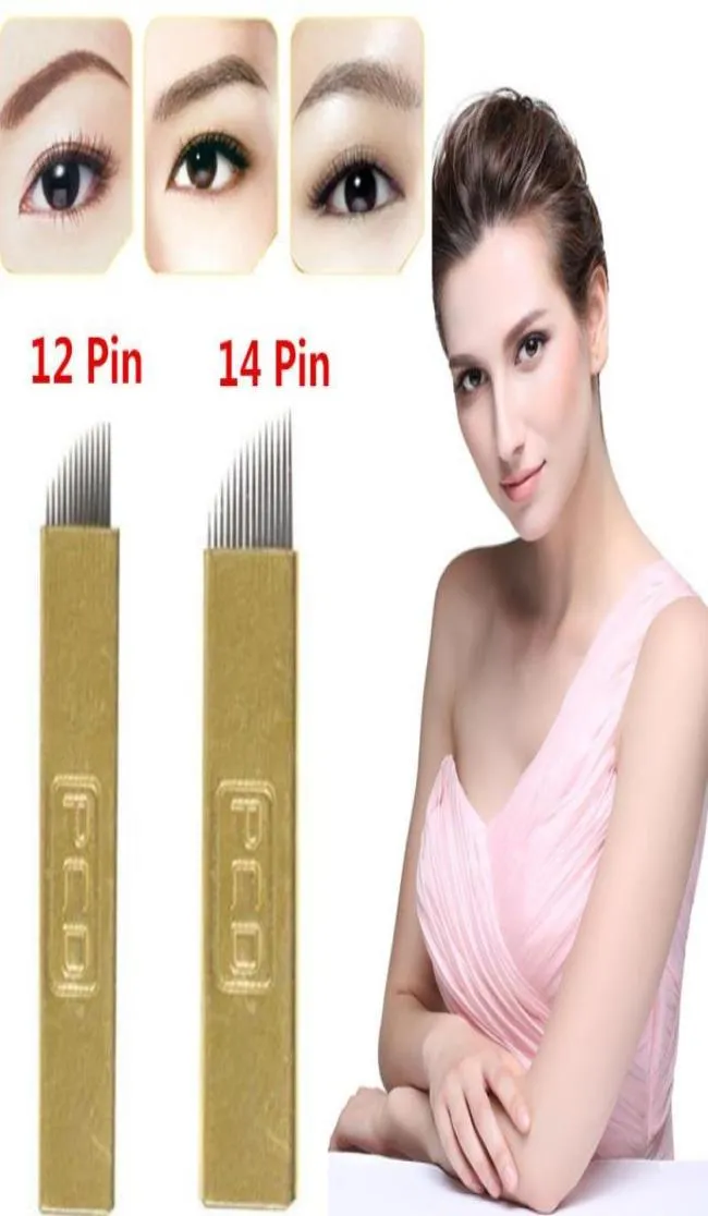 100 PCS 12 Pin 14 Pin Kalıcı Makyaj Kaş Tatoo Bıçağı Mikrobladlı İğneler 3D Nakış Manuel Dövme Pen6477968