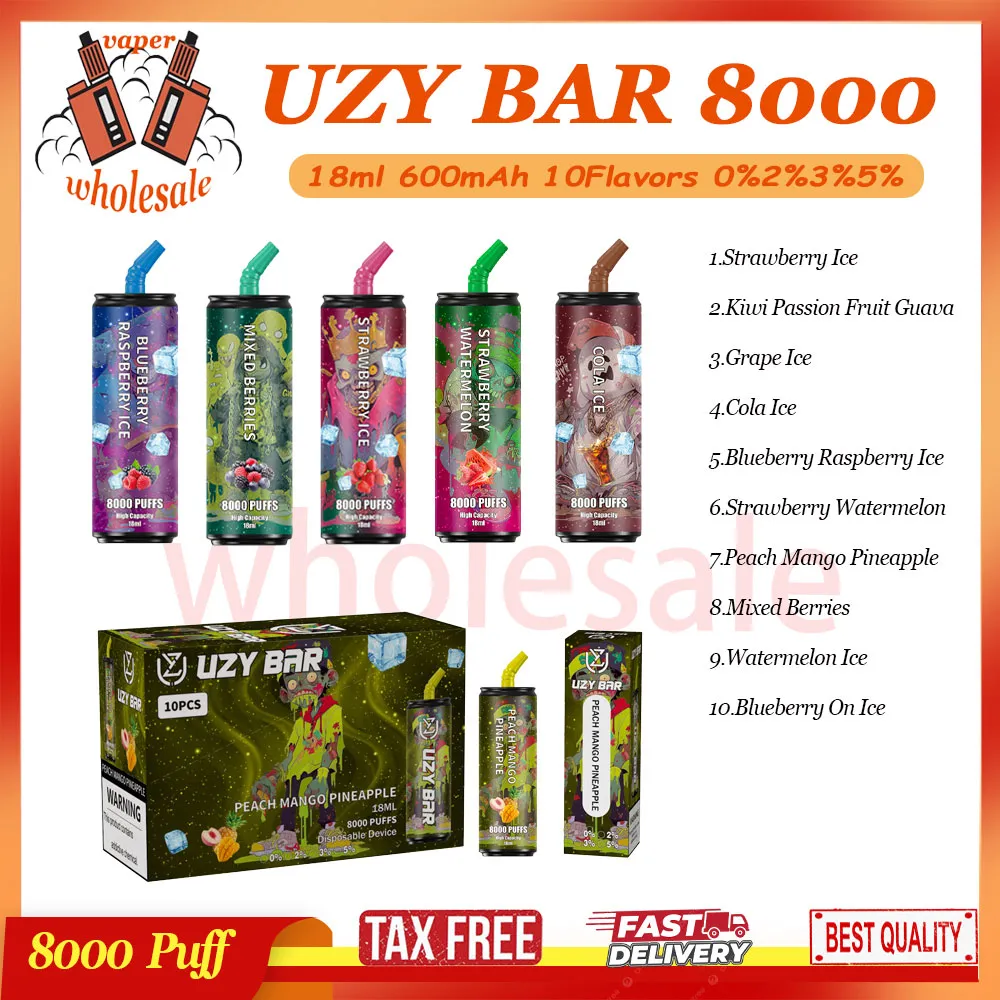 100% Original UZY Bar 8000 Puff Caneta Vape Descartável 18ml Pré-cheia 600mAh Bateria Recarregável Pré-carregada 0% 2% 3% 5% Dispositivo Vaporizador de Nível Cigarro 10 Sabores