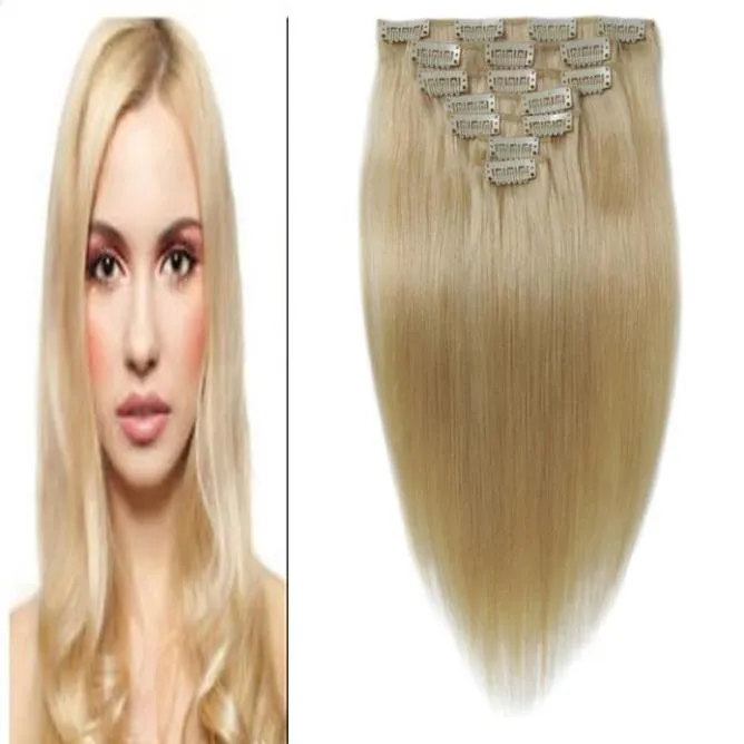 Paquete de 7 piezas de cabello con Clip, 10quot, 24quot, cabello liso Remy brasileño rubio blanqueado, 100 Clip en extensiones de cabello humano 6991923