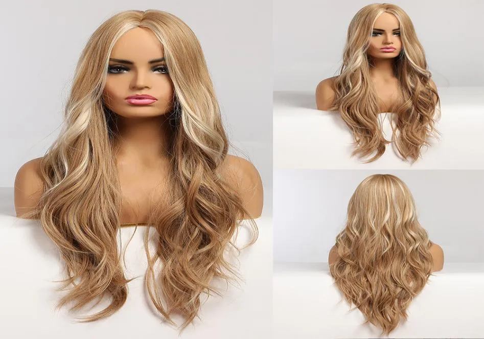 Lange Golvende Blonde Synthetische Pruiken met Hoogtepunten Pruiken Middelste Deel voor Afro Vrouwen Hittebestendige Cosplay Natuurlijke Haar Pruiken9456577