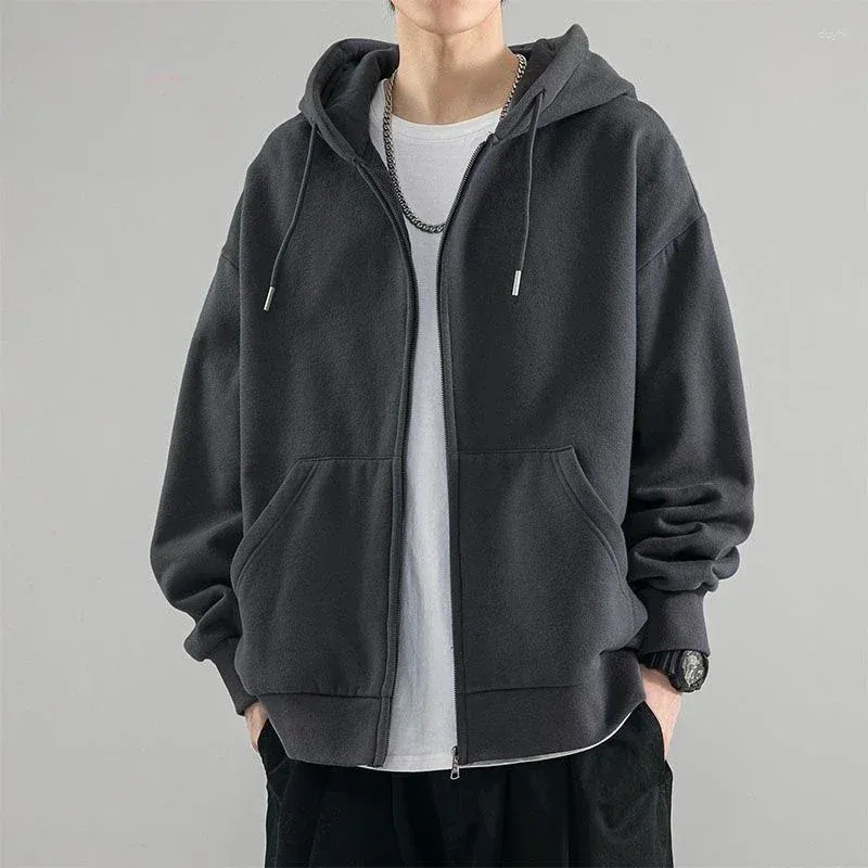 Men's Hoodies Male Clothes Solid Sweatshirt For Men Hooded Black Full Zip Up High Quality Loose Sweat Shirt Simple Y2k Vintage Winter