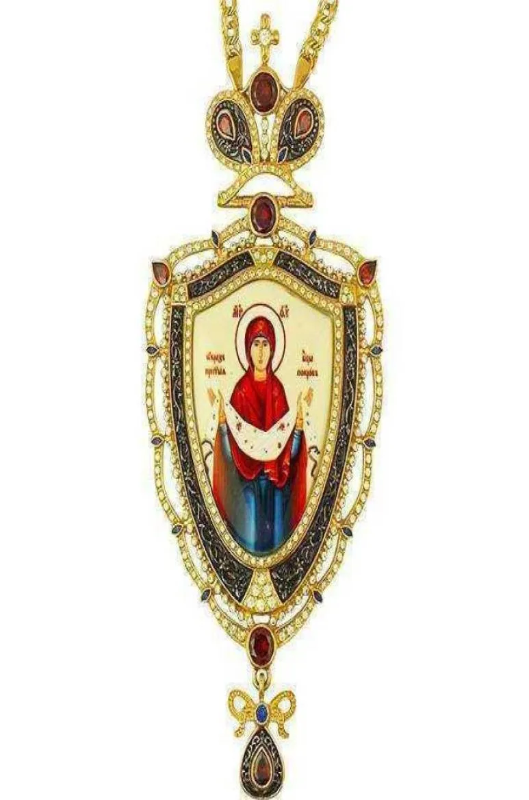 2021 Newt ryska halsband med guld och svart pistolpläterad grekisk ortodox pectoral cross jungfru ikon6523578