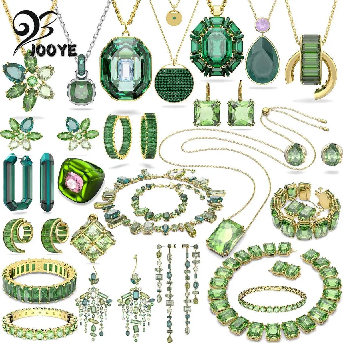 2024 Ensemble de bijoux originaux charmant GEMA vert en acier inoxydable à la mode collier Bracelet boucles d'oreilles bague pour femmes cadeau avec 240102
