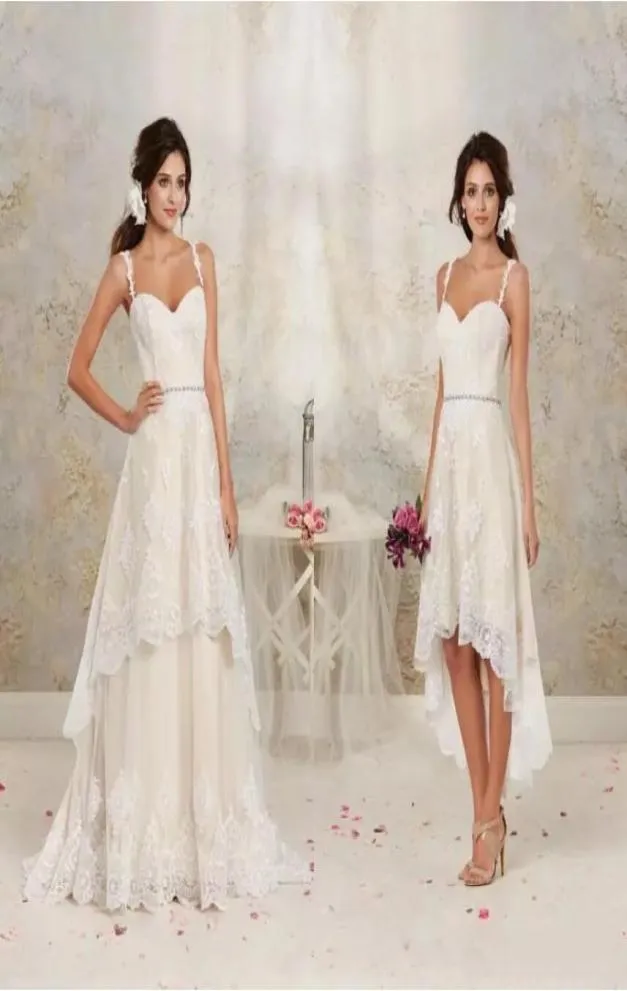 2020 robes de mariée en dentelle jupe détachable appliques courtes robes de mariée bretelles spaghetti cristal perlé une ligne robe de mariée 8475279