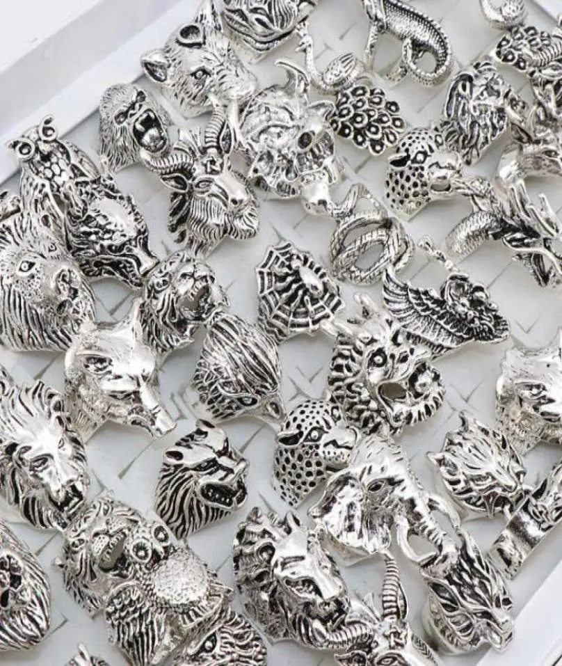 En gros 20pcs / lots mélange hibou Dragon Wolf Elephant Tiger etc Style Animal Anneaux Bijoux vintage Anneaux pour hommes Femmes 2106234518613