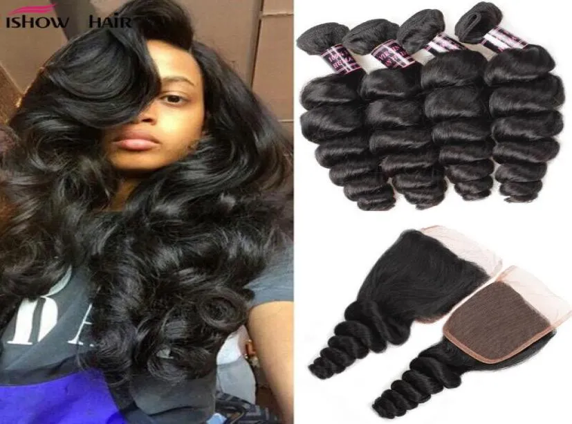 Brazilian Loose Wave Human Hair Bundles Weaves With 4x4 Lace Closure Natural Black Color Hair Extensions7218012