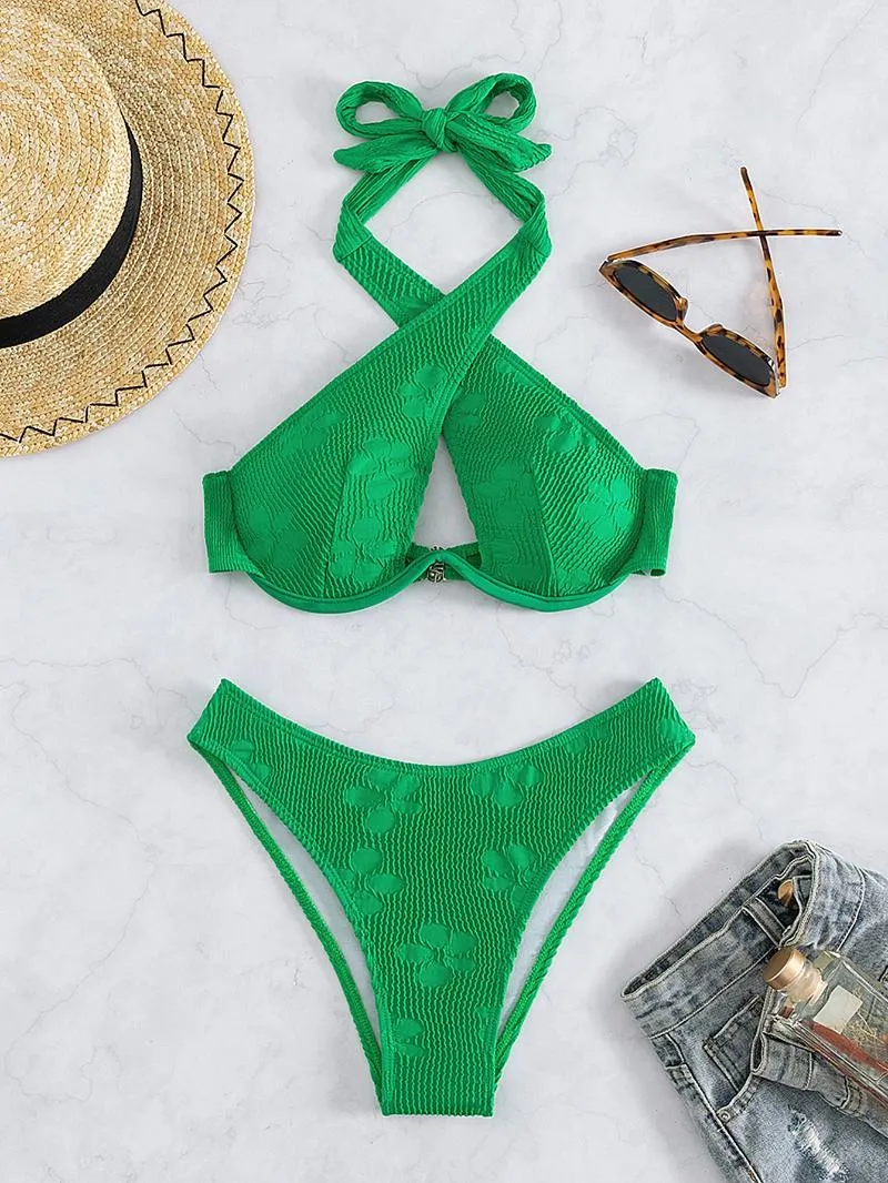 Women's Swimwear Halter Underwire Bikini Set with Floral Polyester Fabric  and Low Waist Boy Short Bottom from Dhgate Women's Swimwear - price 26.87