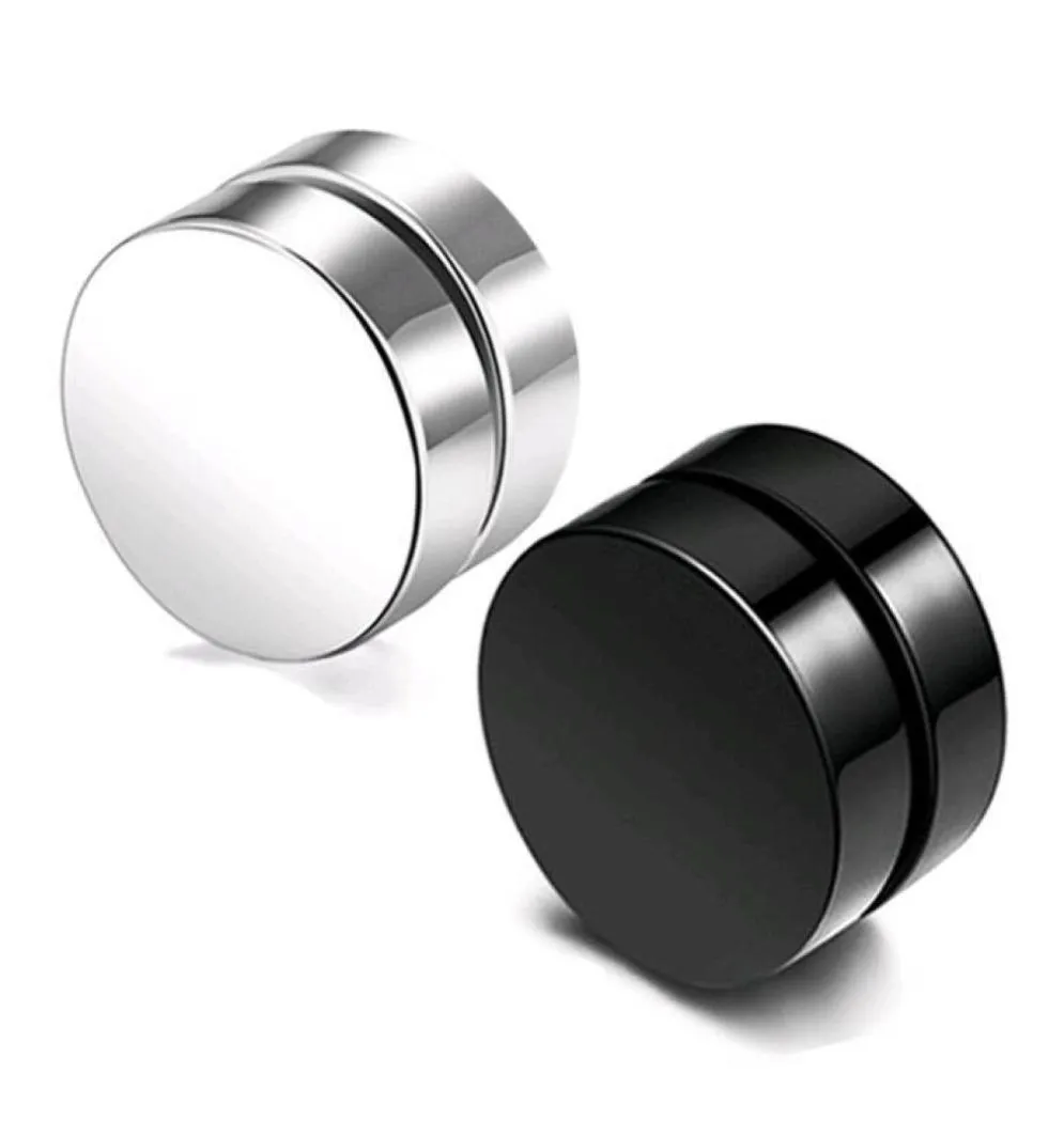 Punk Fake Mens Stud Earrings Black Silver Stainless Steel Magnet Round Ear Clip for Men Women Mix size 6mm 10mm 12mm7476866