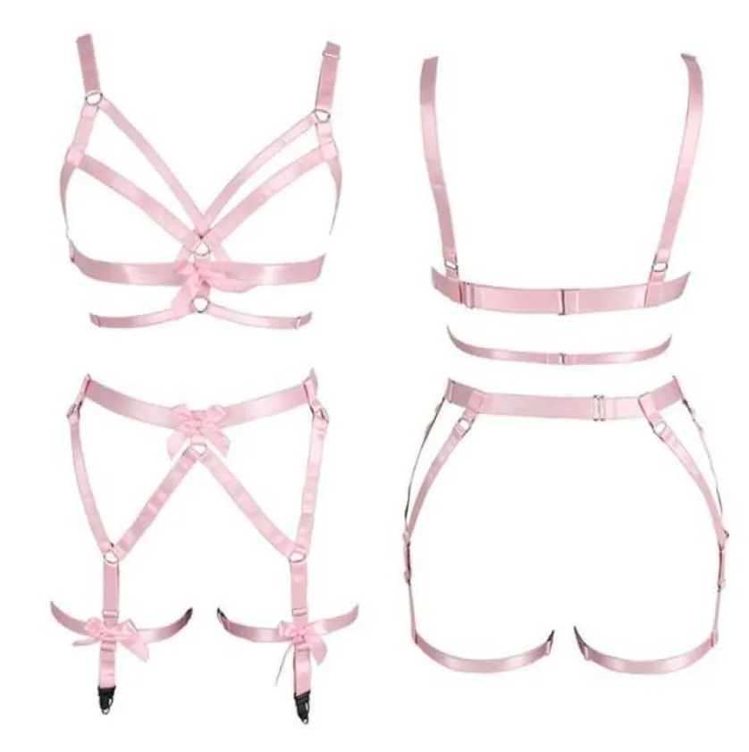 Femmes rose arc complet harnais soutien-gorge élastique grande taille soutien-gorge sans bonnet évider à bretelles porte-jarretelles Punk gothique Sexy ensemble de lingerie S02132352