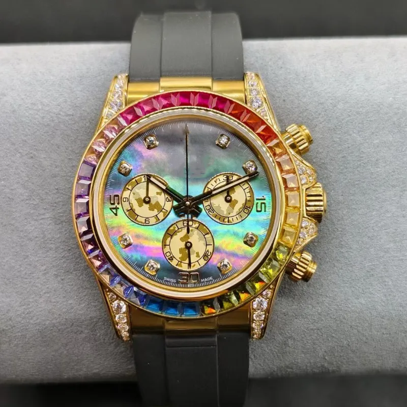 Hochwertige Regenbogen-Herren-Chronograph-Sport-Diamantuhr der zweiten Generation, Automatikwerk, Saphirspiegel, voll funktionsfähig, teure Luxusuhren