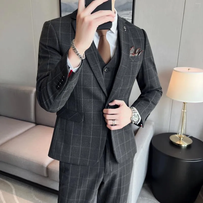 Erkek Suit Butik Erkekler (Blazer Yelek Pantolon) Moda İş Düğün İtalyan Tarzı Trendi İnce Uygun Günlük Ekose Elbise 3 Parçalı Set