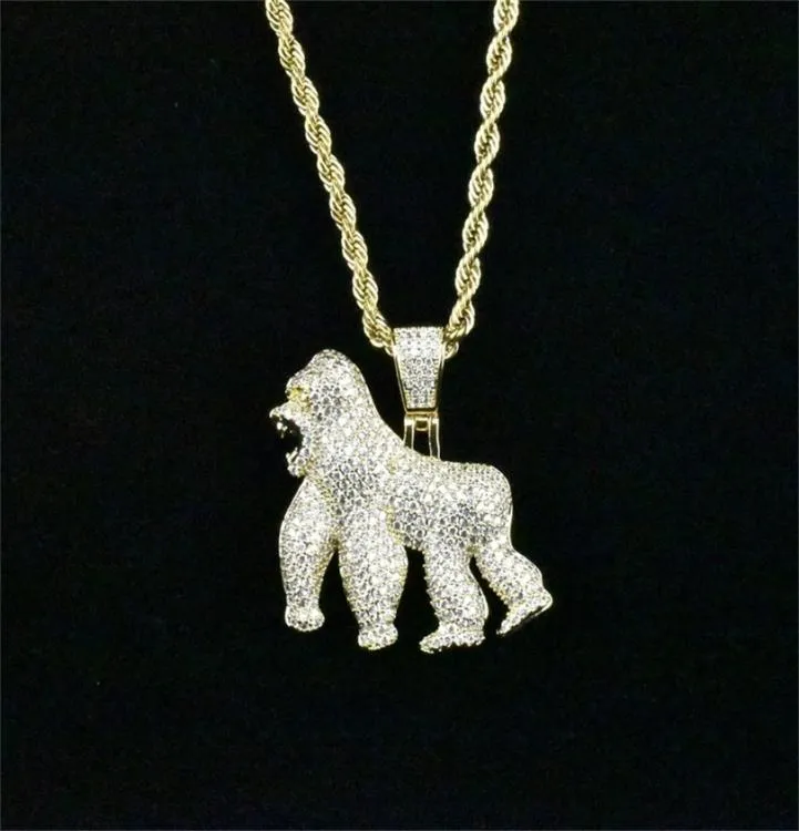 Heren Iced Out Bling Ape Zirkoon Hanger Ketting Hip Hop Rock Goud Zilver Kleur Sieraden Cadeau met roestvrijstalen ketting 2013734126