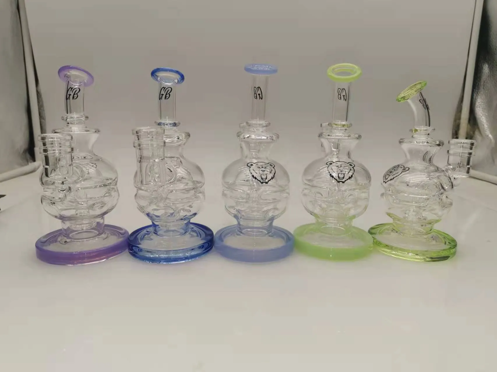 Bong in vetro da 6 pollici Narghilè Bear Recycler 5 colori Percolatore 14 mm Giunto femmina con ciotola