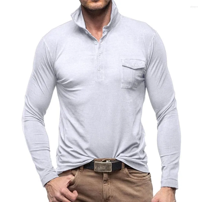 Men's Polos Sports Casual T-shirts Long Sleeve Henley Grandad Lapel Collar Tops Blouse Pocket Button Man Pullovers