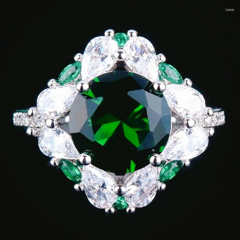 Bagues de cluster ronde coupe émeraude vert cristal pierre doigt pour les femmes ouvert réglable anneau personnalité banquet fête