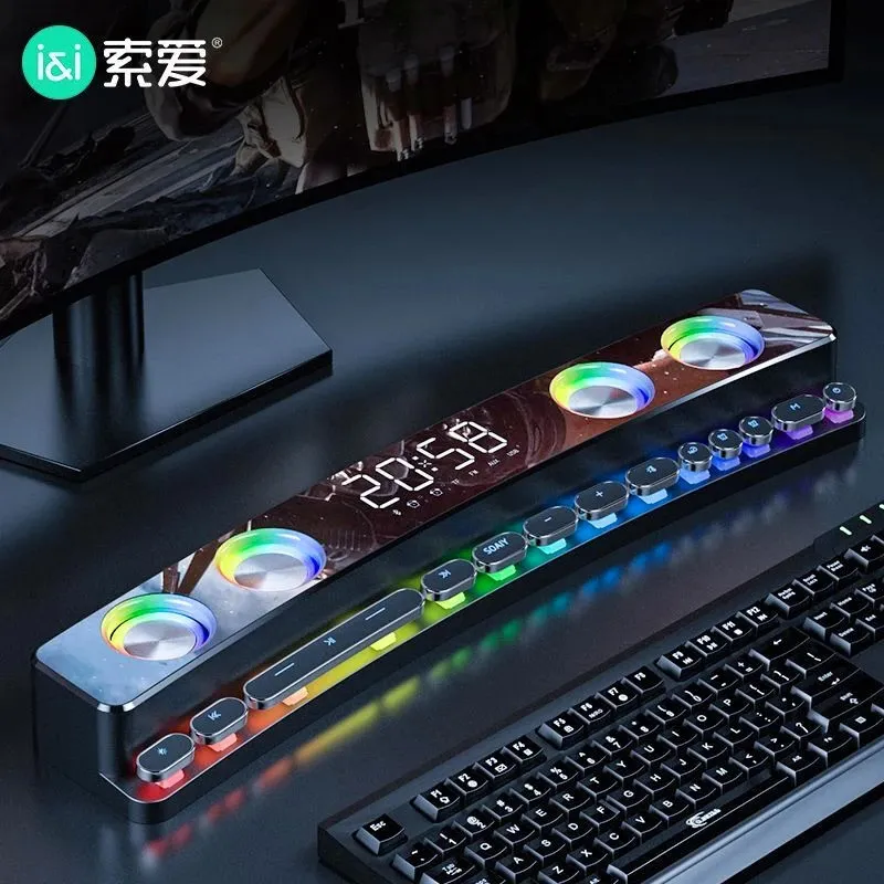 SOAIY SH39 RGB Gaming Speakers Home Clock Sound Bar Wireless Bluetooth Stereo Subwoofer USB AUX TF FM Computer Boombox 3600mAh 240102