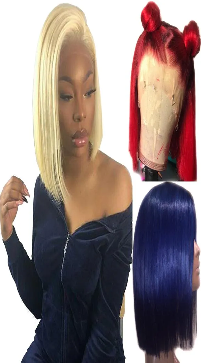613 Blonde 13x6 Lace Front Wig Blue Colored Remy Red Human Hair Full Ends Transparent Frontal Closure Swiss Lace Short Bob Wigs2218579