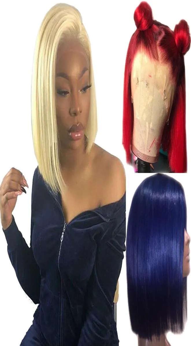 613 loira 13x6 peruca dianteira do laço azul colorido remy vermelho cabelo humano extremidades completas fechamento frontal transparente laço suíço curto bob perucas2218579