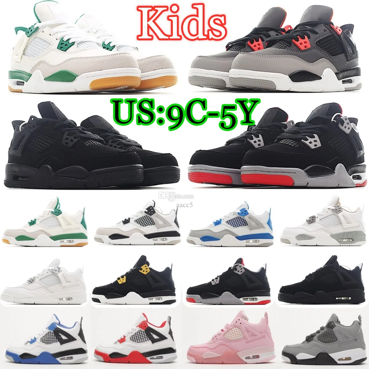 Chaussures pour enfants 4 Jumpman 4S Baskets pour tout-petits 4Y 5Y Garçons Filles Blanc Oreo Pine Green Bred Infrarouge Militaire Bleu Noir Chat Pure Money Infants Sport Basketball Chaussures