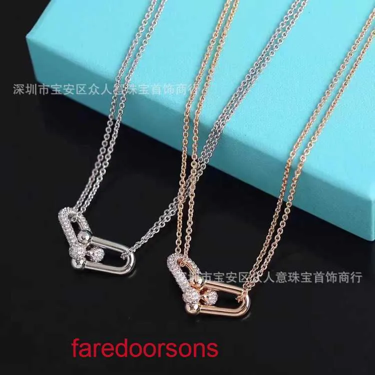 Family T Double Ring TifannisSM Necklace Fashion Light Luxury High Edition 925 Silver Horseshoe Plated With 18k Gold Buckle Pendant