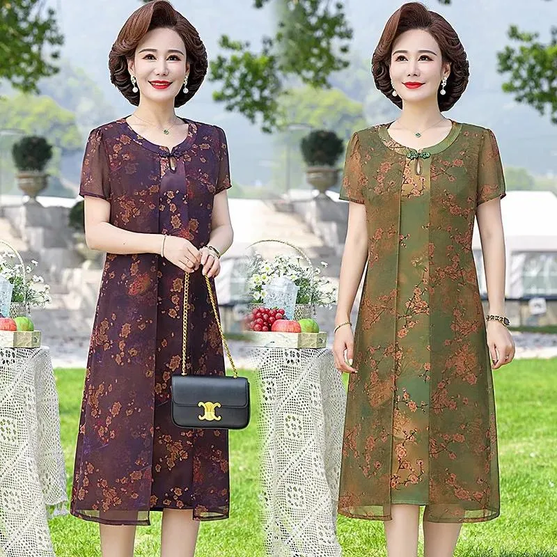 Vestidos falsos de duas peças impressão de seda natural midi vestido feminino coreano moda elegante casual vestido de festa verão cintura solta elegante robe