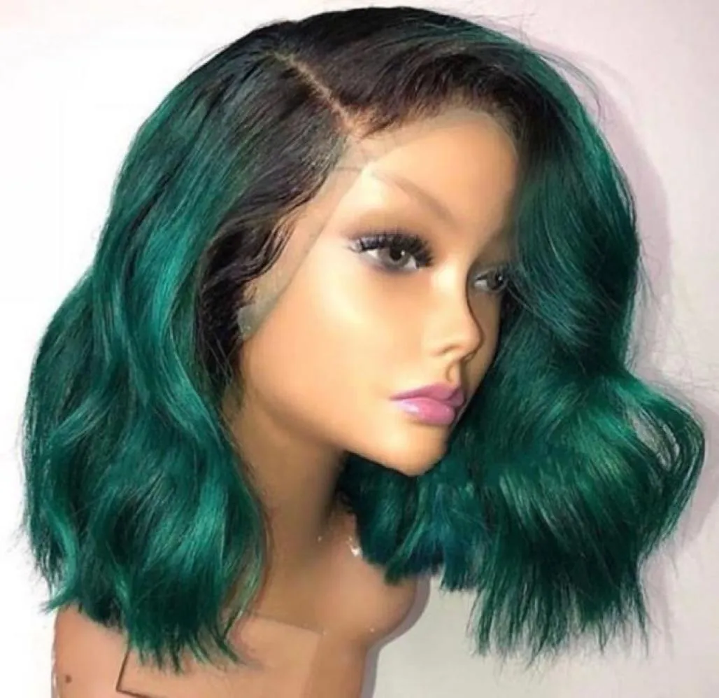W stylu mody falisty afroamerykańskie peruki Bob Krótkie ramię Ombre zielona koronkowa peruka z przodu syntetyczne włosy odporne na BL8545374