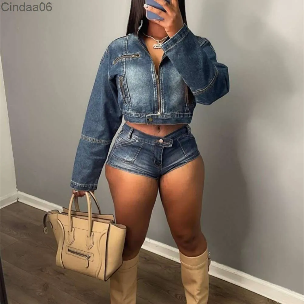 Mulheres treino jeans top e shorts duas peças conjunto designer nova moda casual elástico denim sexy clube outfits