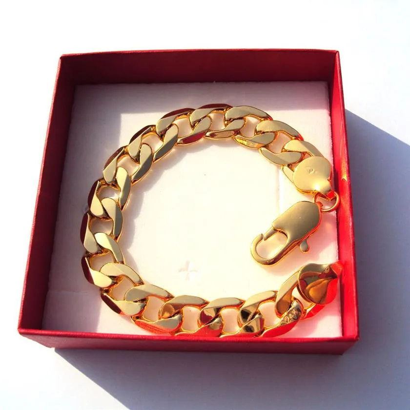 Bransoletka 12 mm Solid Gold Wykończenie drobna wysokiej jakości męska kubańska krawężnik łańcuchowy obróbka ręczna 24 k247f