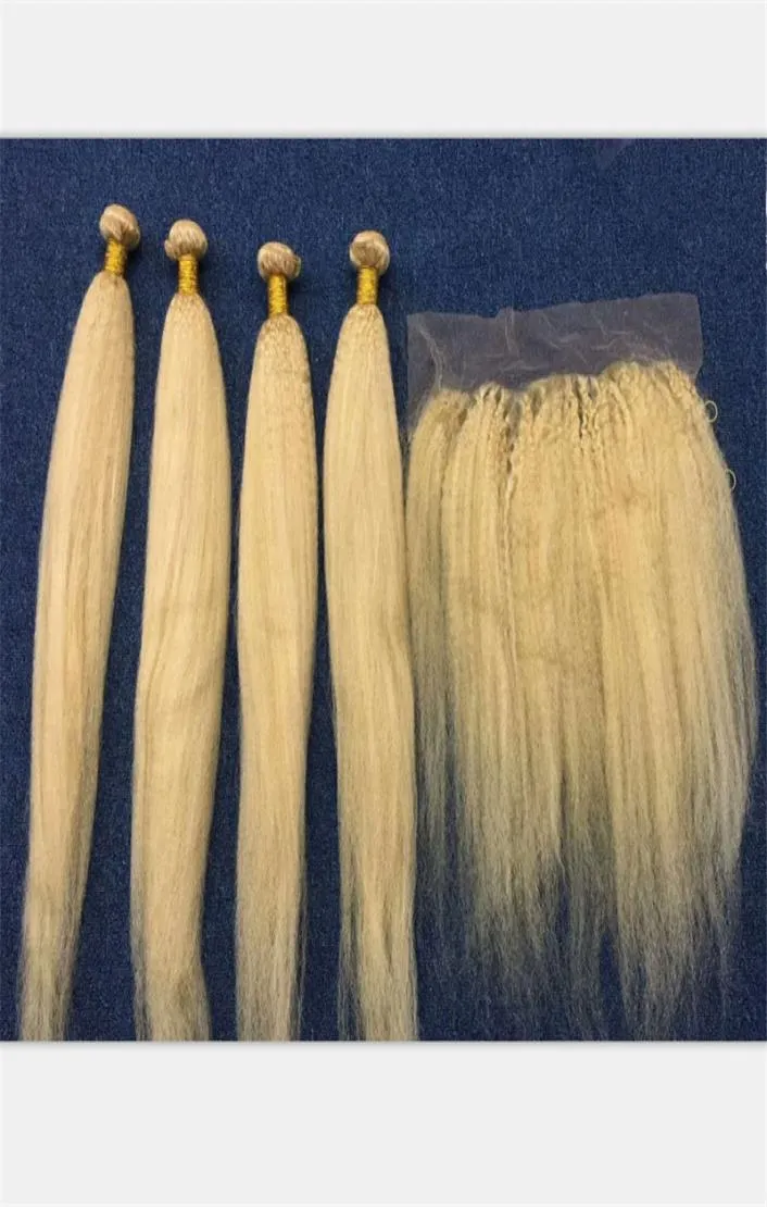 Kinky proste 613 Blond Brazylijskie Virgin Hair 3bundles z czołowym zamknięciem włoski gruboziarnisty Yaki Blonde 13x4 Full Lace Frontal W8369550