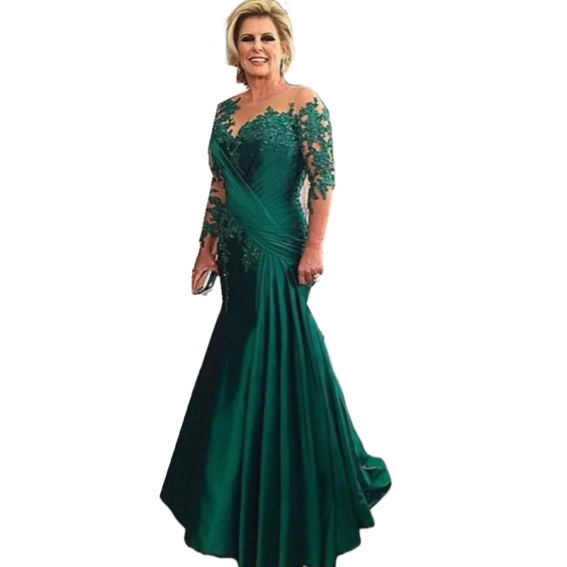 green emerald velvet dress Zapaka Women Dark Green Long Mother of The Bride Dress A-Line Off The Shoulder Chiffon Half Sleeves Lace Applique Wedding Guest Dress, Dark Green / main image 1