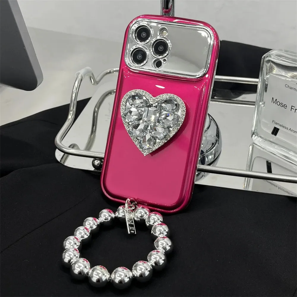 Korean guldpläterad pendellcirkulär armband med stort fönsterfodral som är lämpligt för iPhone 13 Pro Max 14 plus 12 11 Diamond Heart Mirror Holder 240102