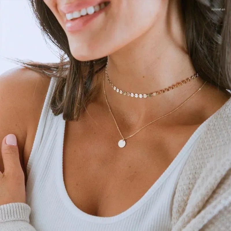 Colliers pendentifs empilés double couche en acier inoxydable collier circulaire pour femmes à la mode dame clavicule chaîne ras du cou bijoux accessoires