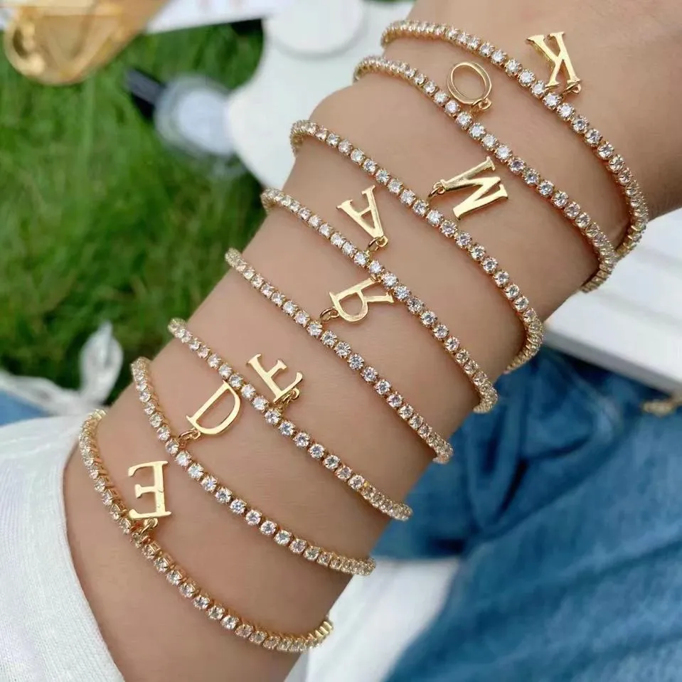 Bangle 10Pcs Clear Cubic Zircon Pave Setting Beaded Adjustable Bracelet Gold Brass Alphabet Letter Initial Charms Bracelets