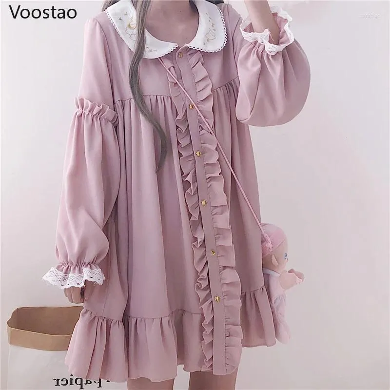 Casual klänningar sommar söt lolita klänning kvinnor harajuku rosa damer ruffles spets kawaii fest mini cosplay söt lös vestidos