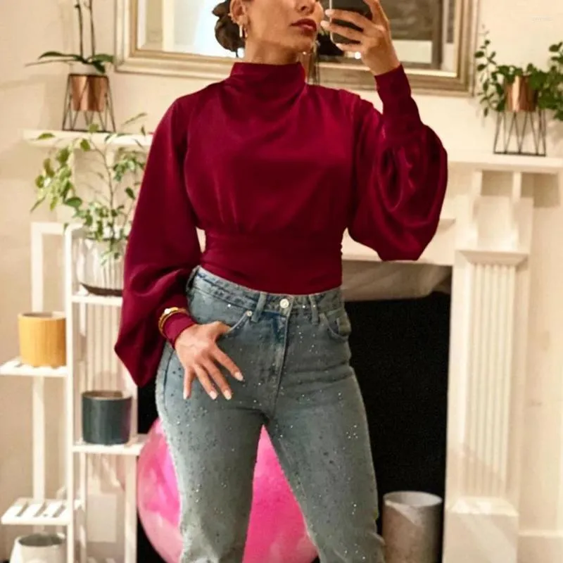 Women's Blouses Vintage Satin Silk Turtleneck Blouse Elegant Long Puff Sleeves Backless Top Shirts And Blusas Para Mujer