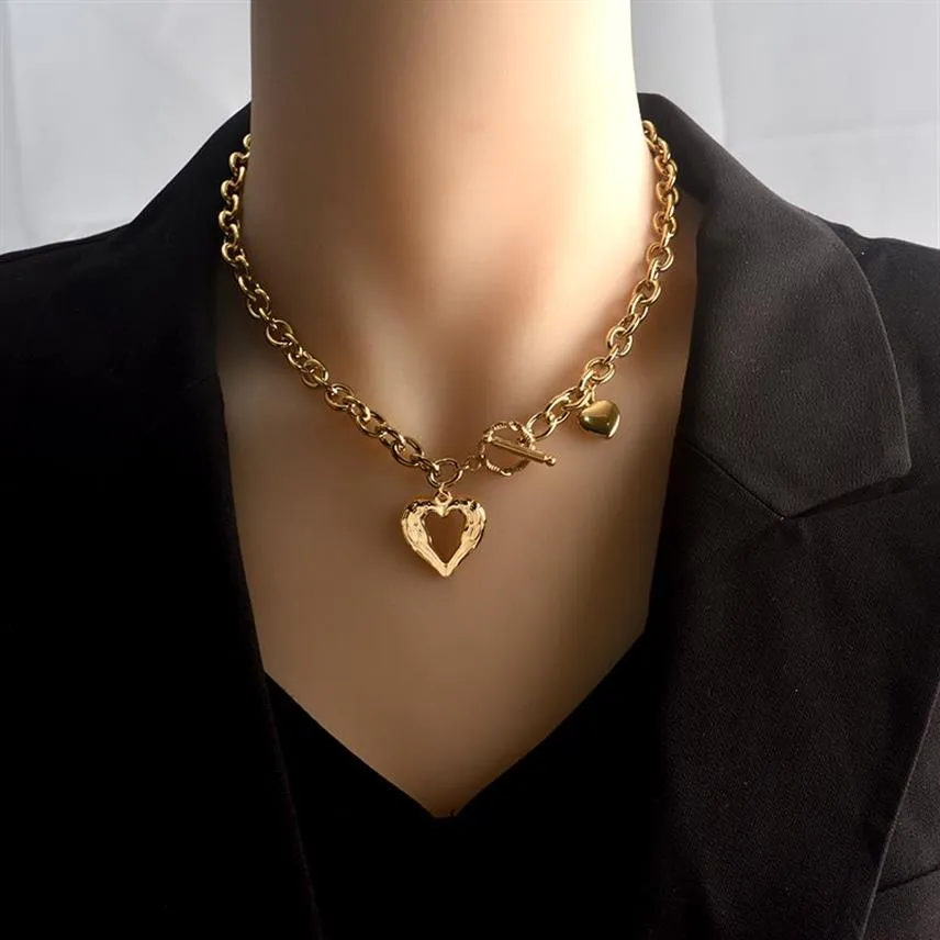 Colar de pingente de jóias de ouro clavícula corrente de aço inoxidável amor coração dourado prata gargantilhas link feminino menina ajustável bracele239f